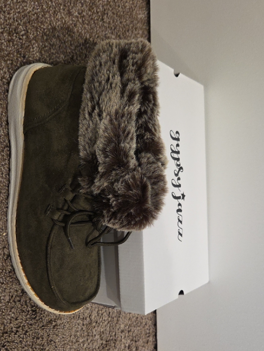 Gypsy Jazz Olive Green Suede Faux Fur Trim Lace-Up Ankle Boots